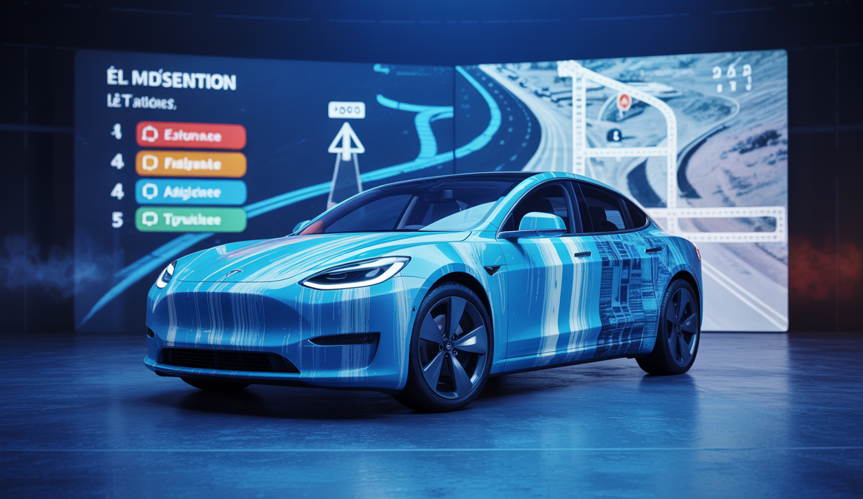 Illustration détaillée des systèmes de navigation avancés de Tesla avec plans de trajet.