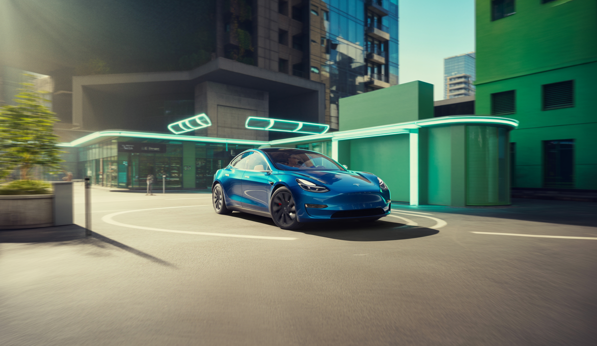 Image futuriste d'une Tesla électrique en 2025, illustrant les avantages et innovations technologiques.