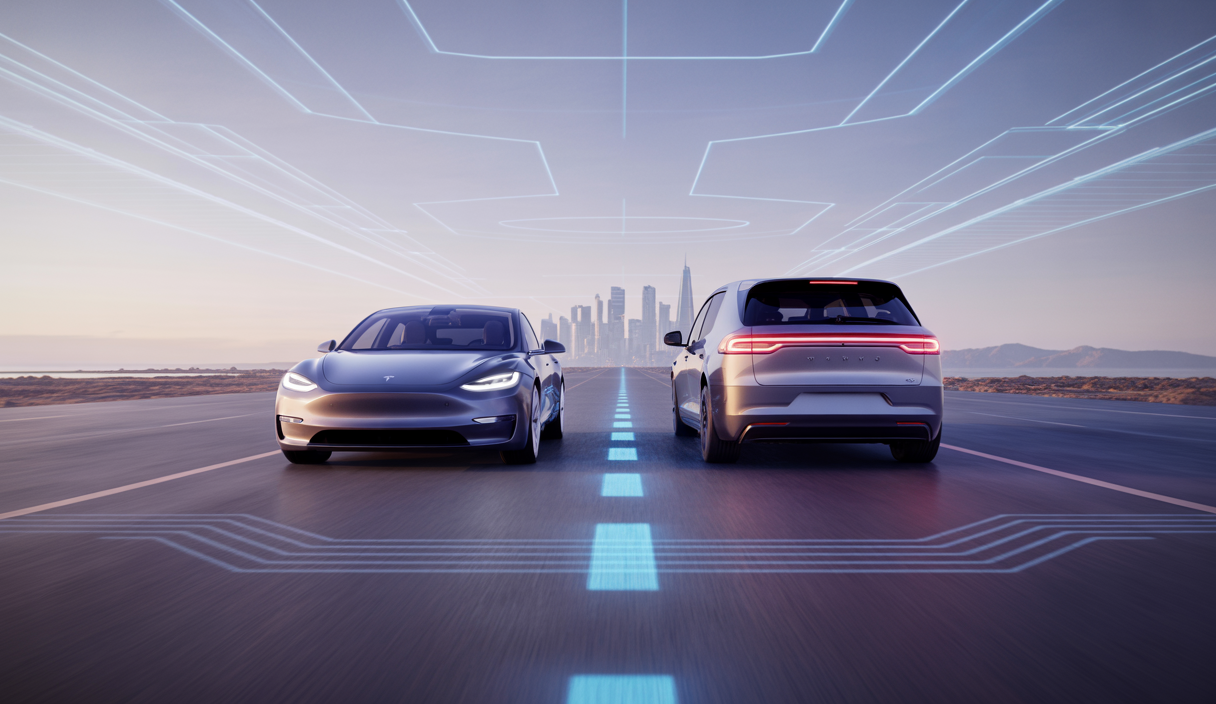 Illustration hyper-détaillée de la concurrence entre Tesla et Waymo dans le domaine des véhicules autonomes en 2025.