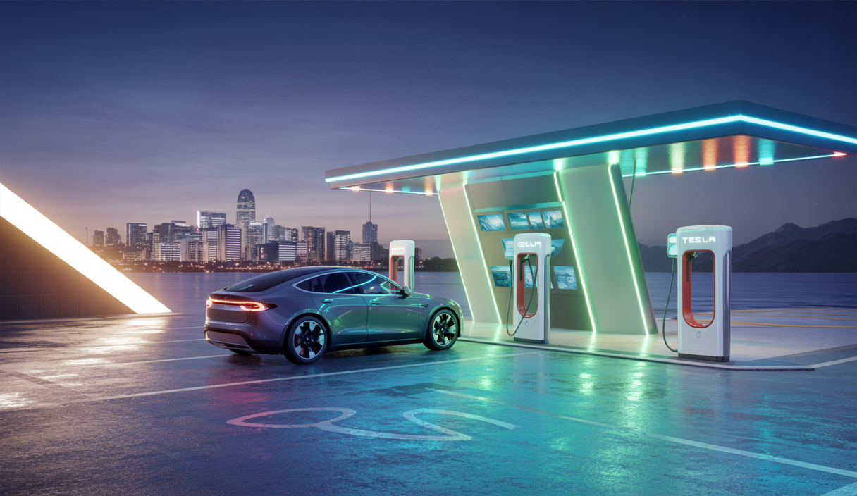 Illustration futuriste des innovations Tesla Supercharge en 2025