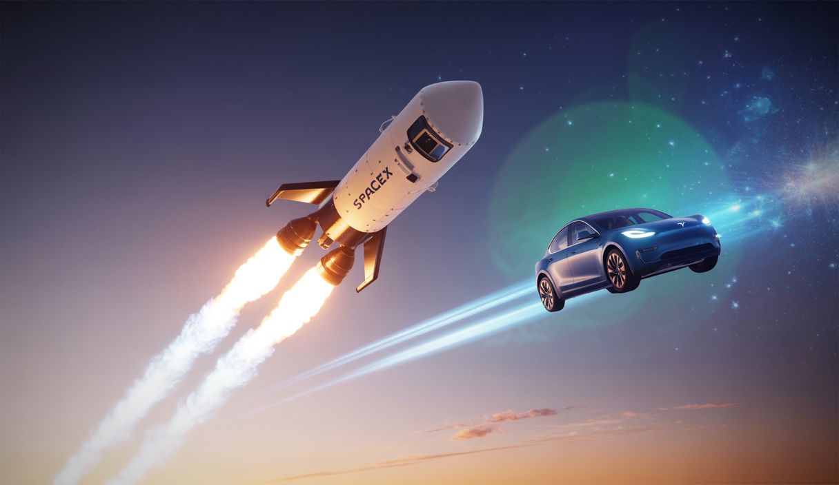 Illustration de l'impact des innovations croisées de SpaceX et Tesla dirigées par Elon Musk dans les secteurs de l'espace et de l'automobile.