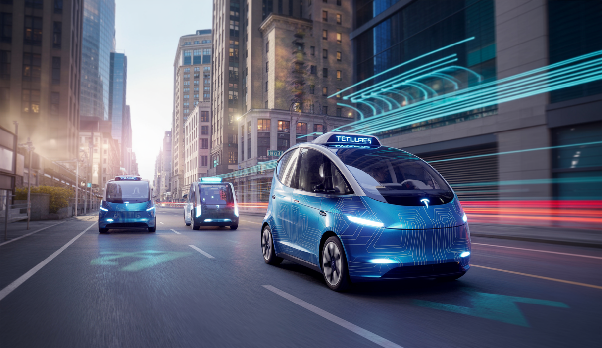 Illustration futuriste d'un RoboTaxi Tesla en mouvement