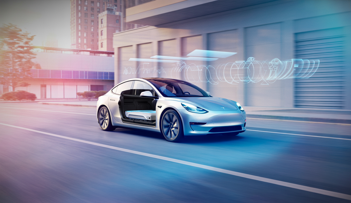 Représentation artistique de la Tesla Model 3 2025 avec une nouvelle batterie