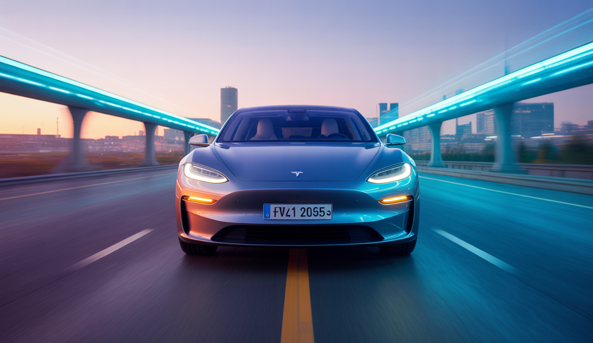 Vue artistique d'une Tesla 2025 avec innovations technologiques