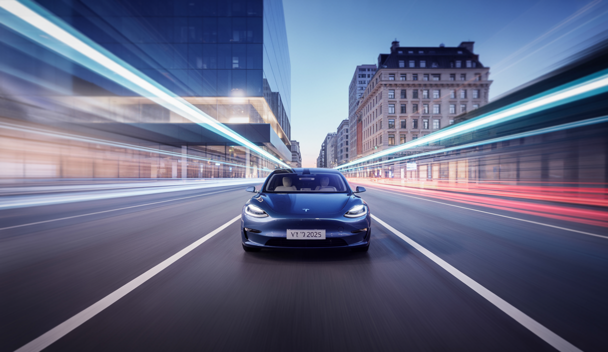 Illustration hyper-détaillée du Tesla Model Y 2025 avec des performances accrues et un confort renforcé
