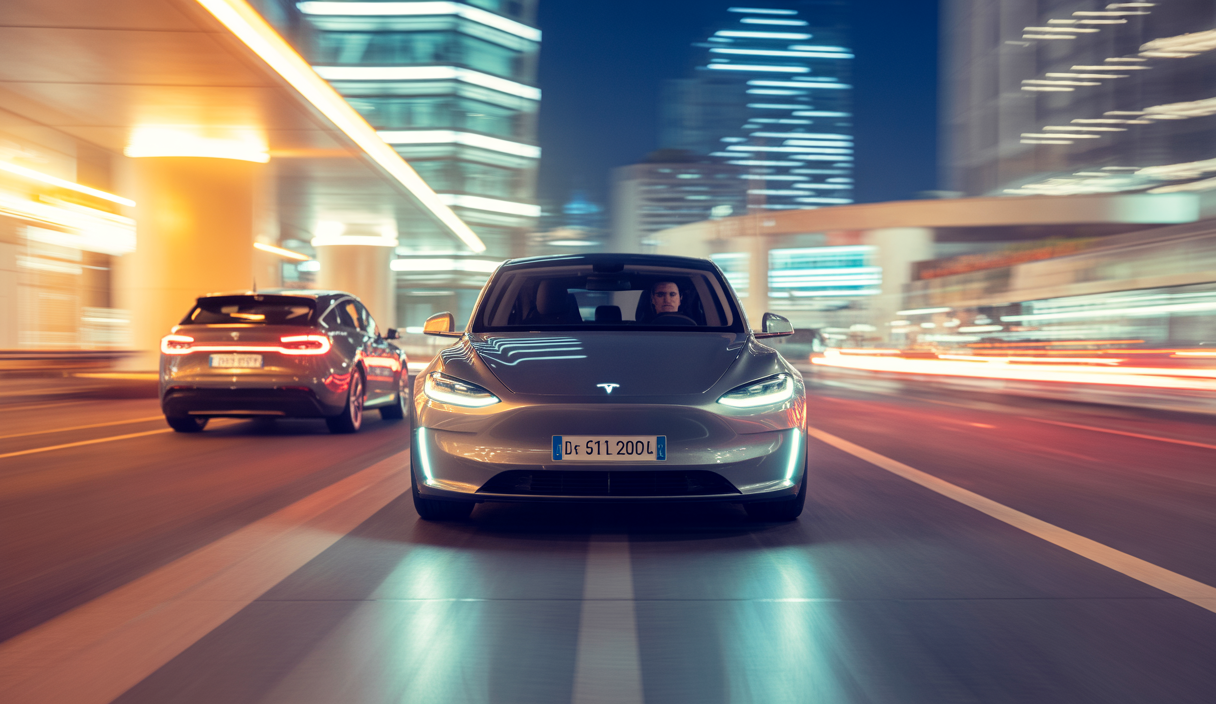 Image futuriste d'une Tesla de 2025 avec phares adaptatifs et caméras innovantes
