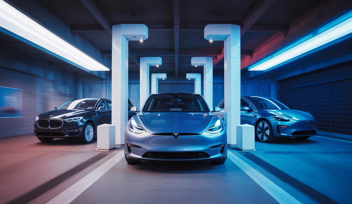 Une illustration détaillée de l'ascension de Tesla sur le marché des voitures électriques, mettant en avant son réseau de charge et sa technologie avancée.