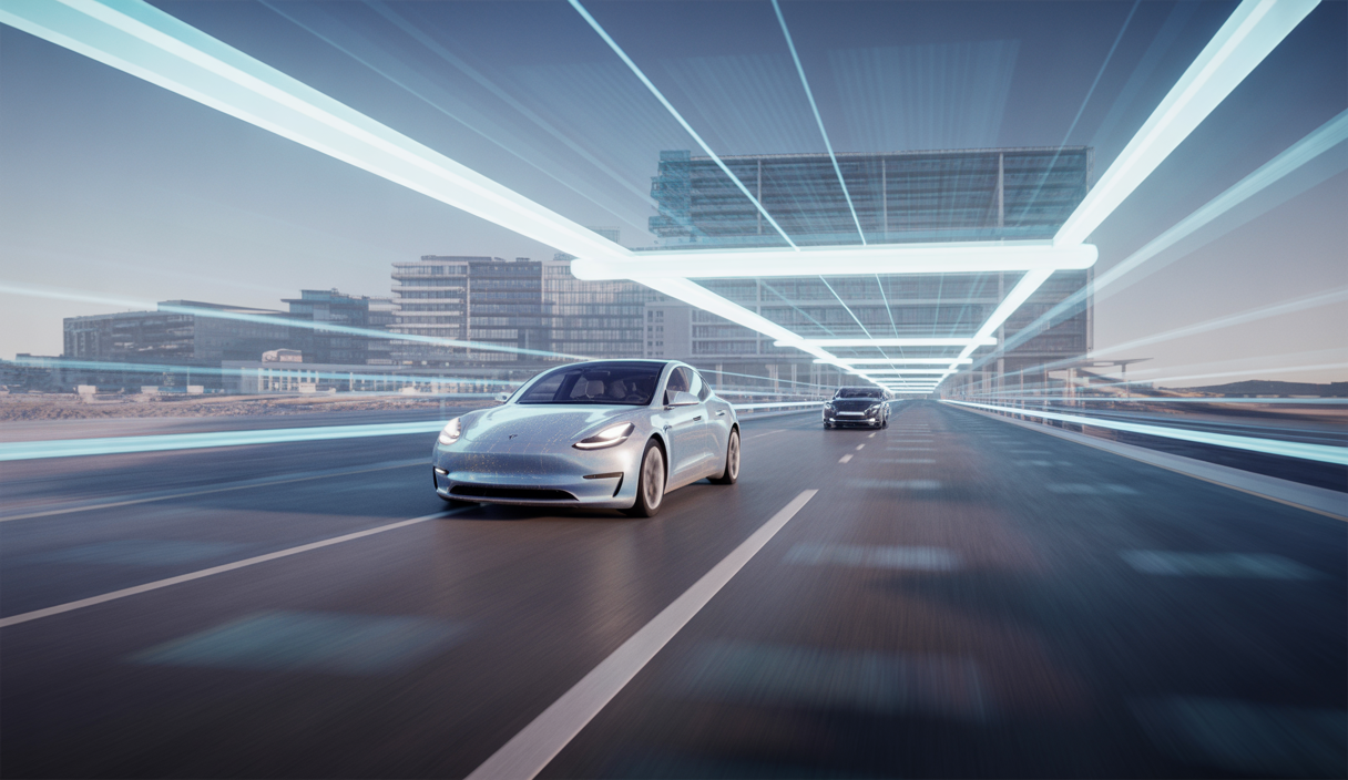 Illustration de la révolution de Tesla dans l'industrie des véhicules autonomes, avec des éléments futuristes et technologiques