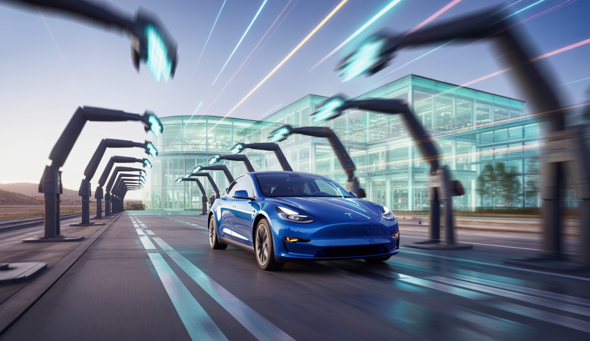 Image futuriste du Tesla Model 2, fabriqué à Giga Texas avec production automatisée