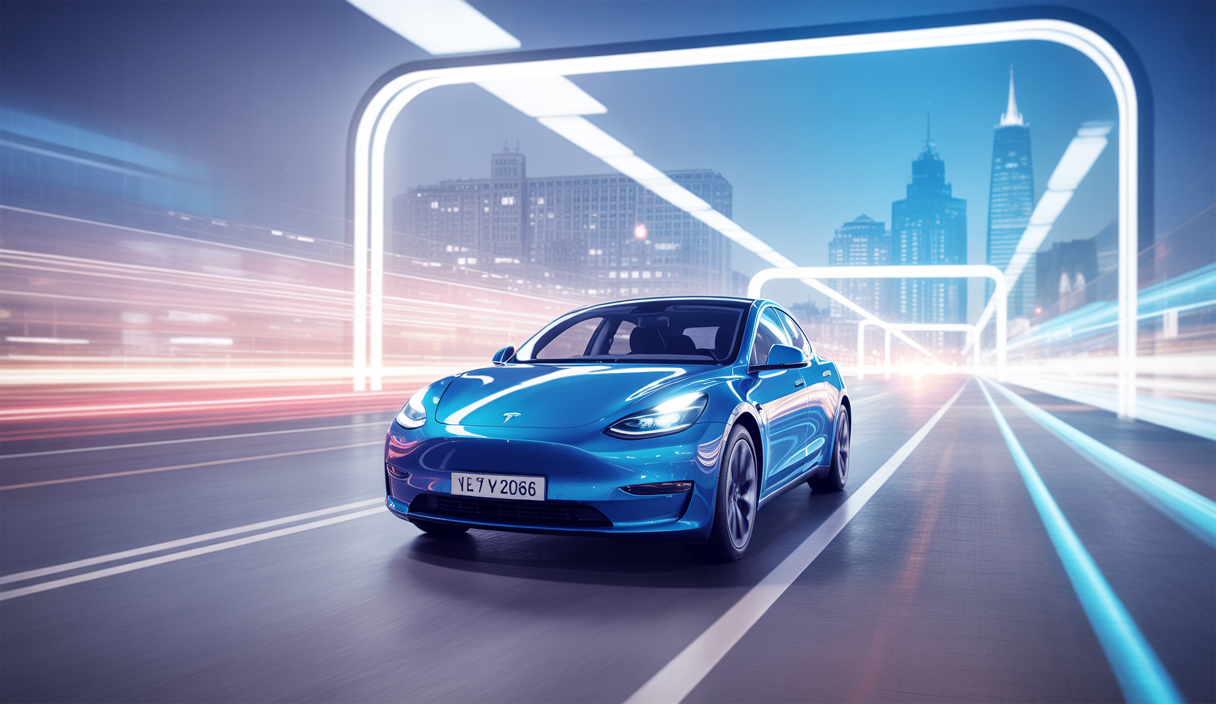 Vue futuriste du Tesla Model Y 2026 sur une route urbaine