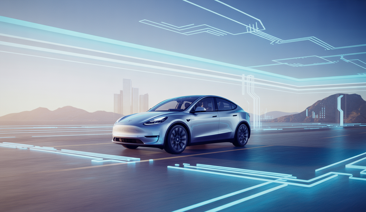 Image du Tesla Model Y sur fond futuriste