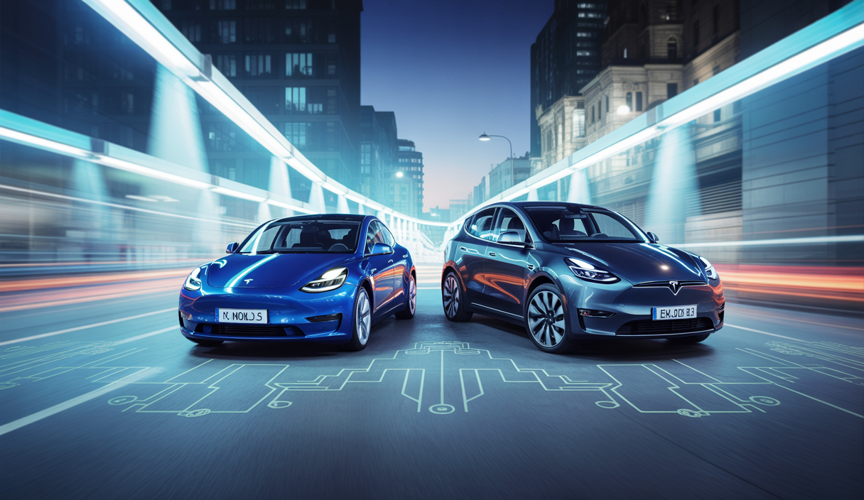 Image dynamique d'une Tesla Model Y et Model 3 expressément modernes