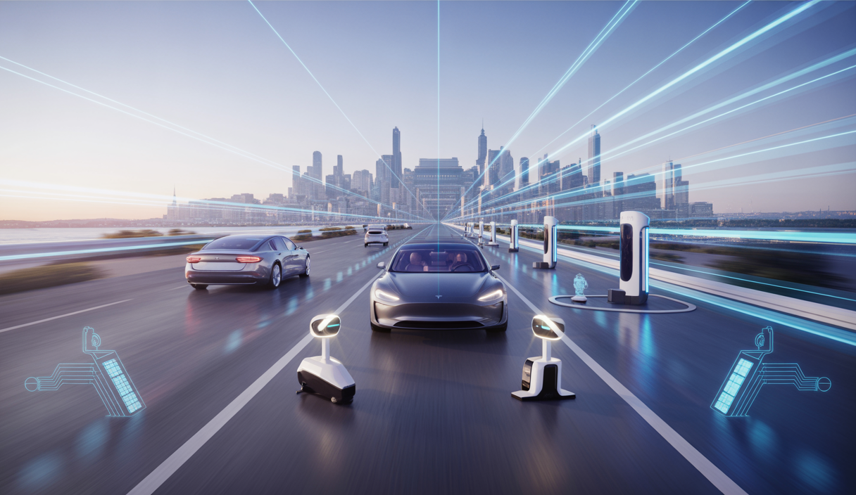 Représentation de la transformation de Tesla avec des véhicules autonomes incarnant l'innovation en IA et robotique