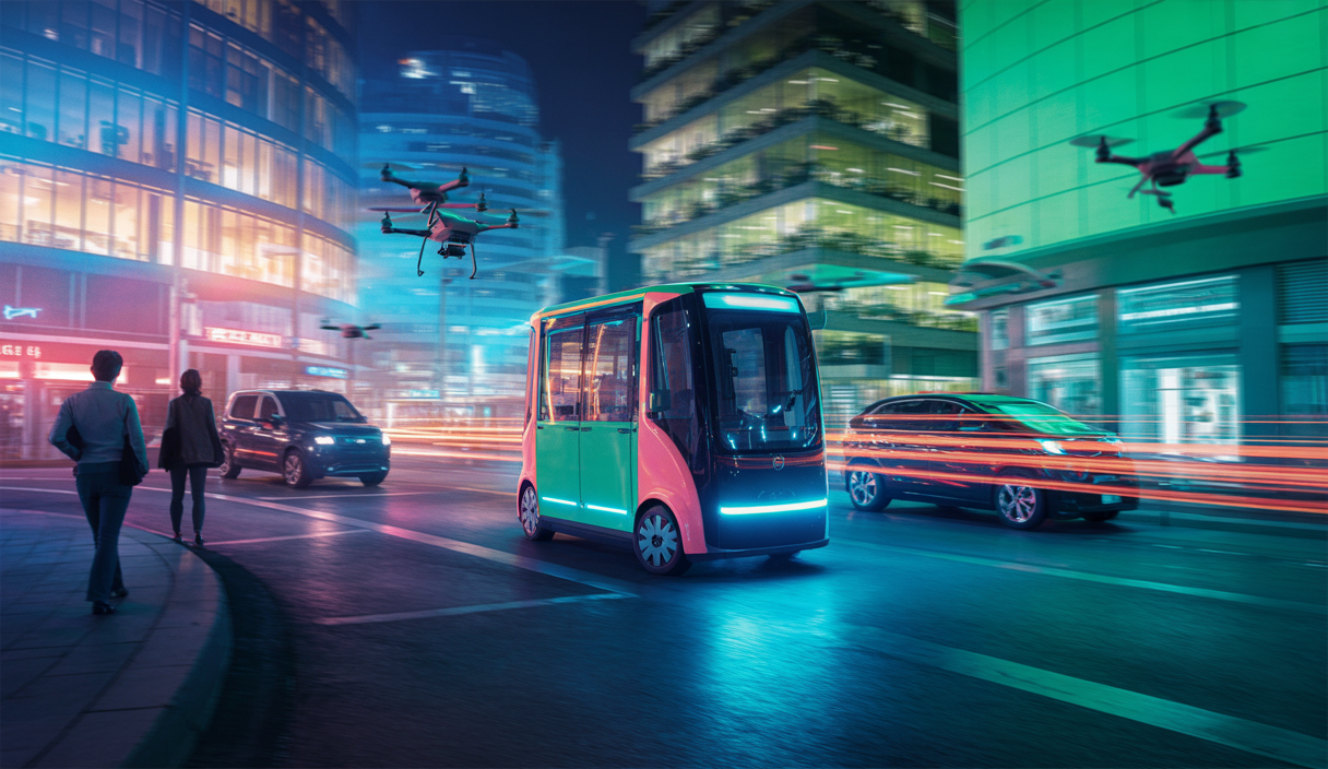 Illustration d'un paysage urbain futuriste avec des robotaxis autonomes en activité pendant la nuit.
