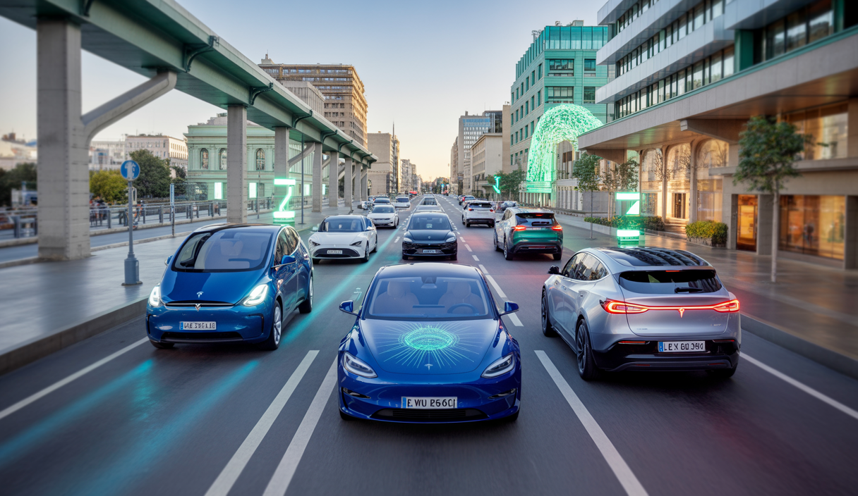 Image futuriste représentant des véhicules Tesla autonomes innovants en 2025