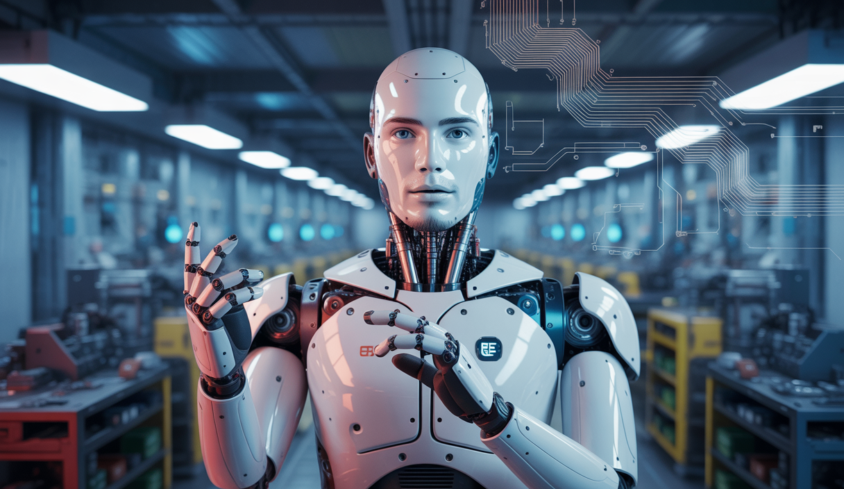 Image d'une robotique humanoïde évolutive confrontée à des réalités industrielles complexes.