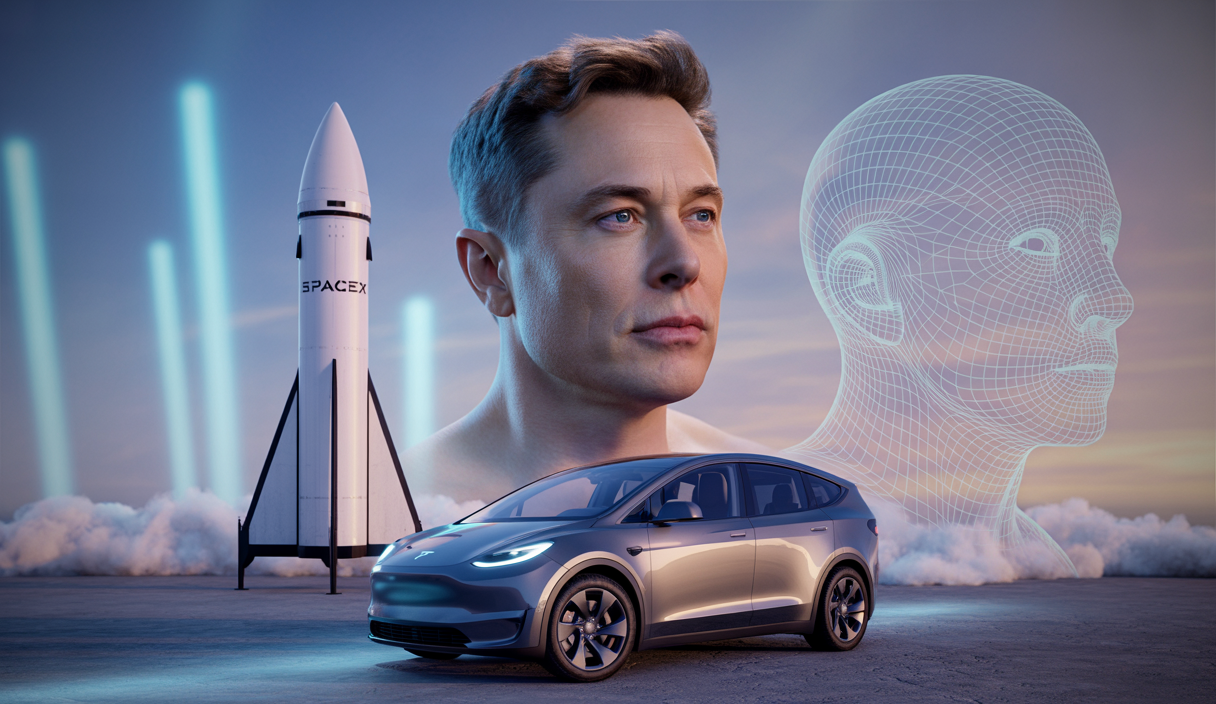 Portrait éditorial montrant Elon Musk entouré des innovations 2025 : une Tesla Cyber Van autonome, un casque Neuralink, une fusée SpaceX en arrière-plan et des représentations d’IA futuriste