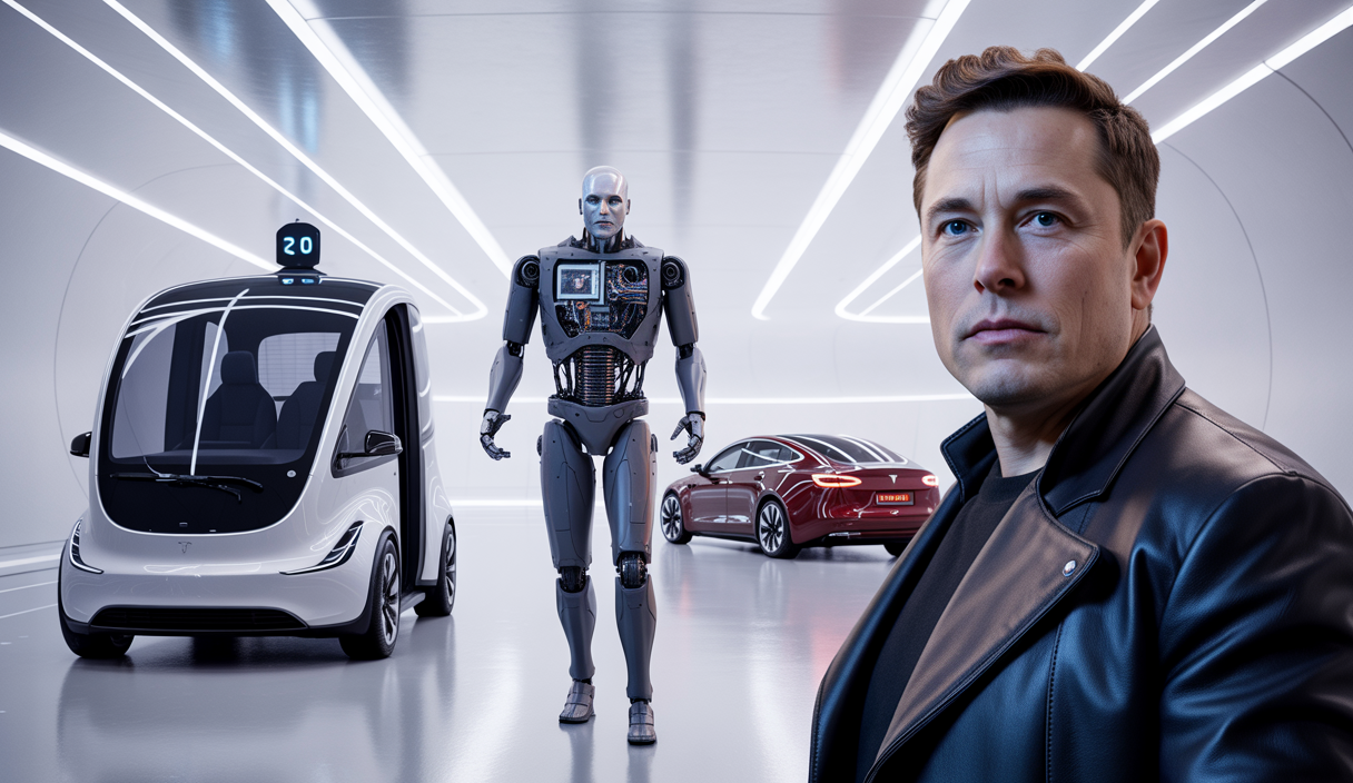 Elon Musk présentant les dernières innovations Tesla en mobilité autonome et robotique en 2025, avec un Robotaxi autonome, le robot humanoïde Optimus et des véhicules électriques futuristes dans un décor high-tech