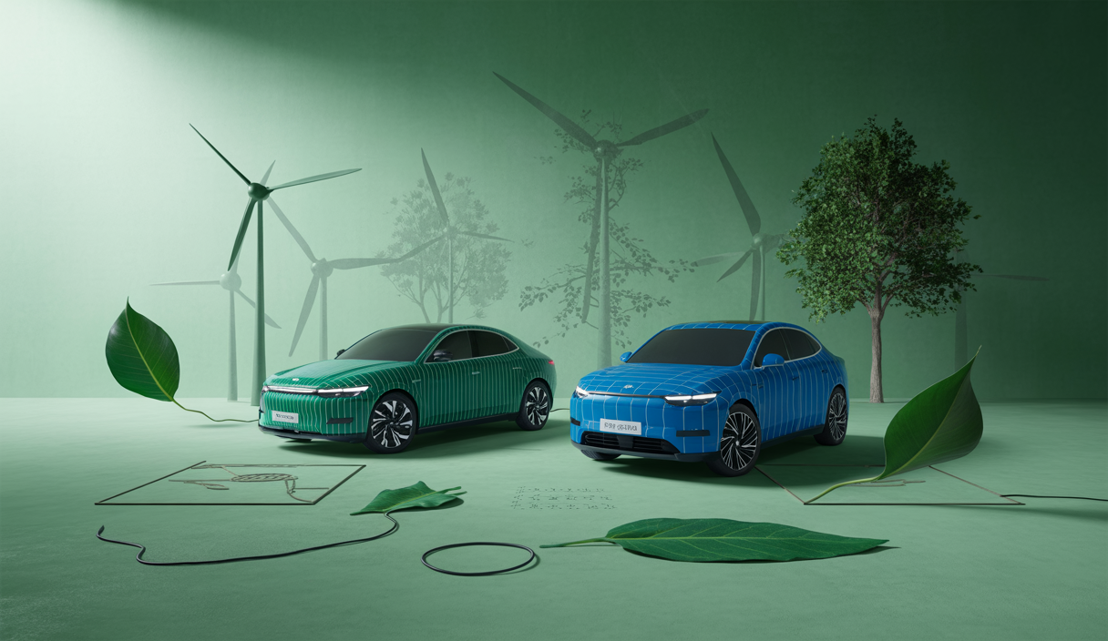 Image représentant la comparaison des empreintes carbone des véhicules électriques et hybrides avec des éléments visuels évocateurs de durabilité.