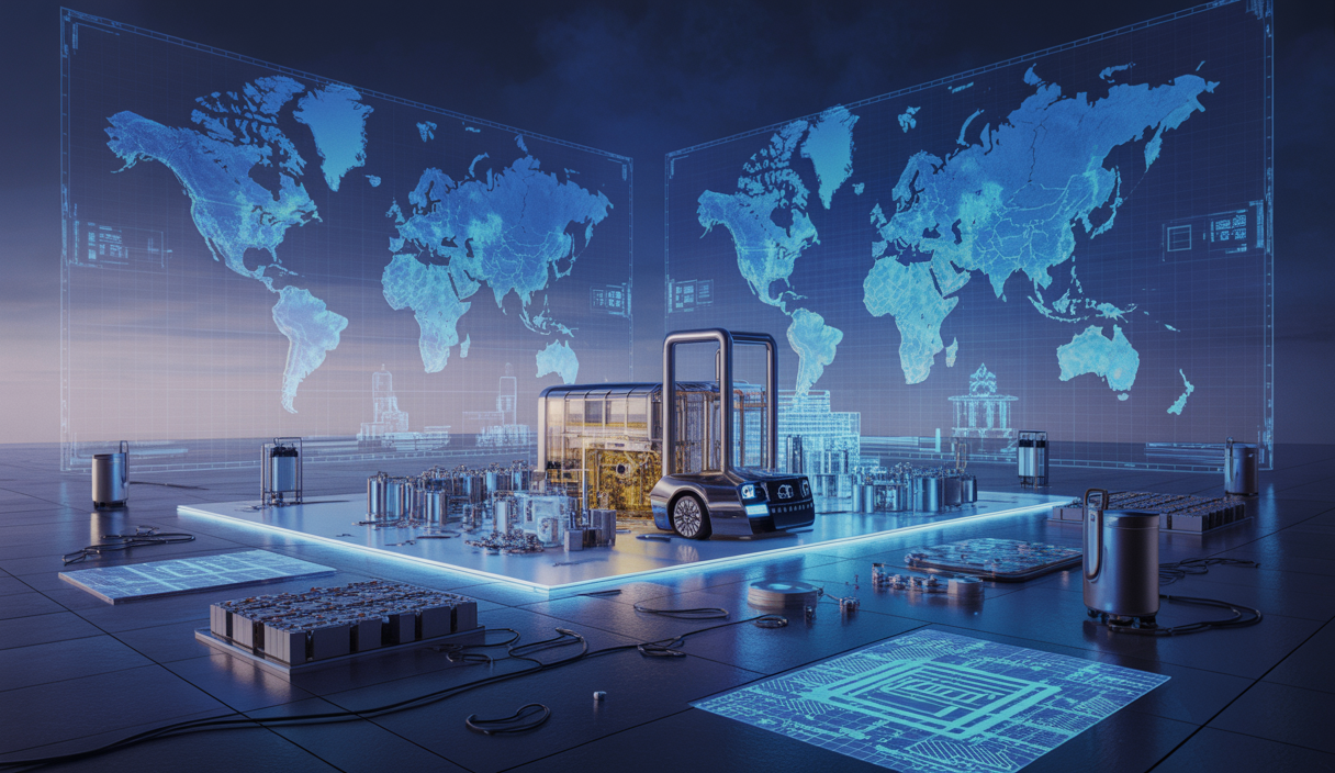 Illustration futuriste illustrant les enjeux industriels et géopolitiques de Tesla en 2025