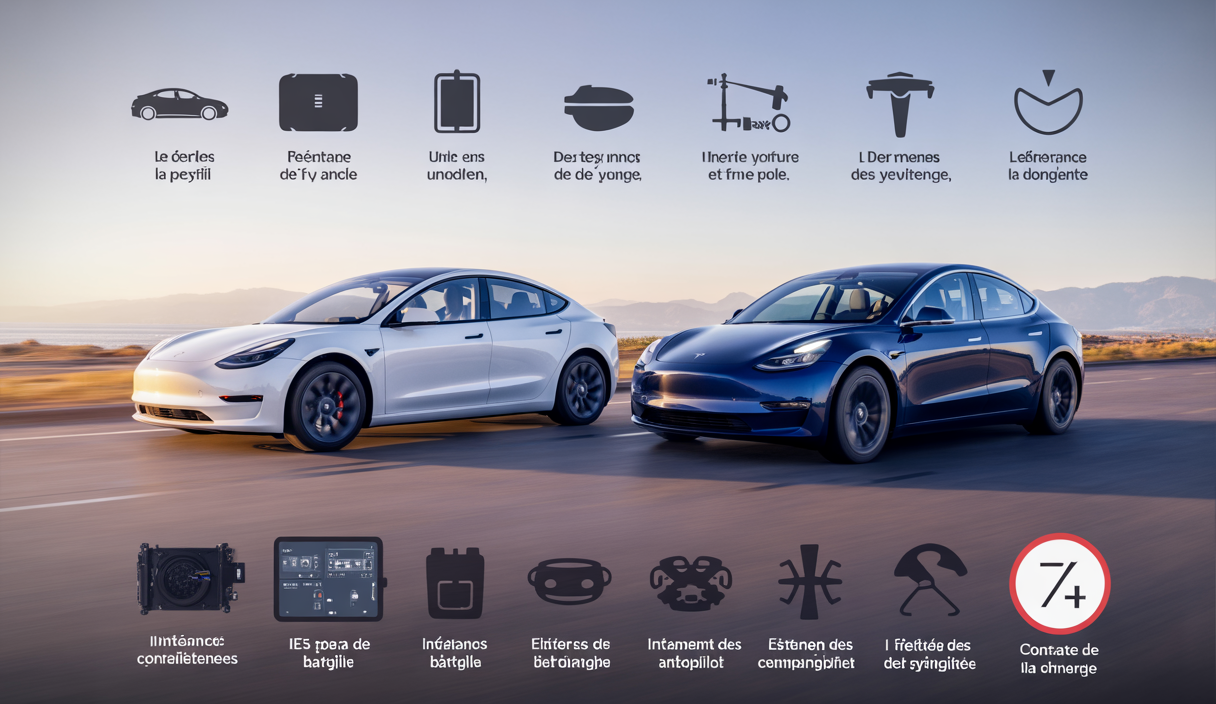 Illustration stylisée d'une Tesla Model 3 et Model Y avec des indicateurs d'entretien et d'erreurs courantes à éviter pour prolonger leur durée de vie