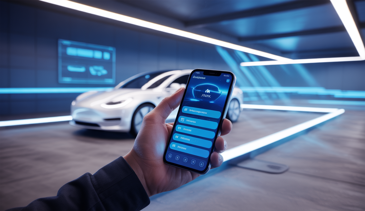 Illustration de l'expérience mobile Tesla avec notifications de charge en temps réel.