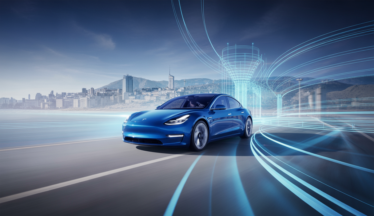 Représentation artistique des innovations récentes de Tesla en conduite autonome