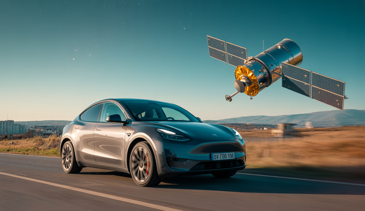 Illustration contrastant un véhicule électrique Tesla au ralenti sur une route européenne et un satellite Starlink en orbite avec un ciel étoilé