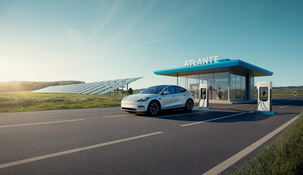 Station de recharge électrique rapide Atlante avec un véhicule Tesla en train de se recharger sous un ciel clair, panneaux solaires en arrière-plan