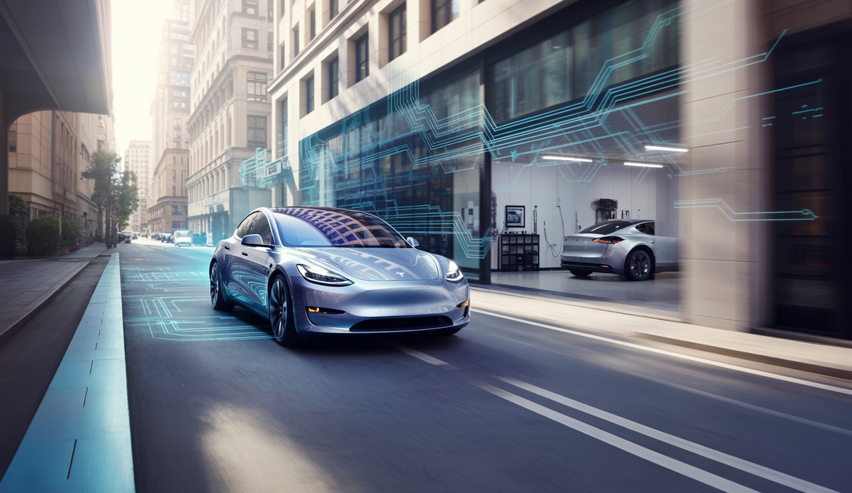 Représentation artistique de voitures Tesla nécessitant peu d'entretien