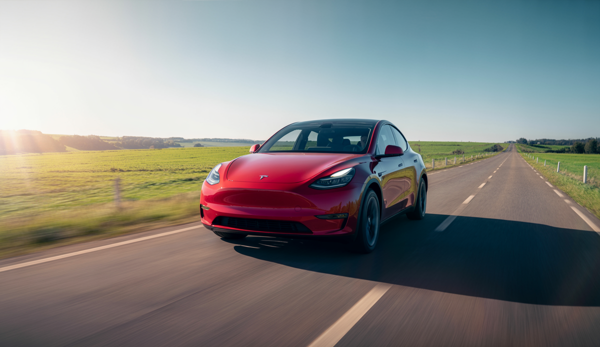 Tesla Model Y électrique rouge sur route de campagne lors d'un long road trip, ciel clair et paysage ouvert