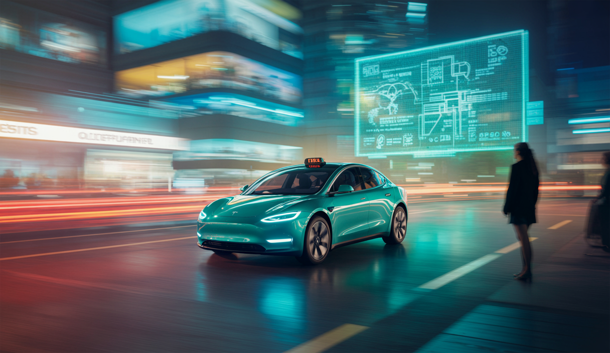 Illustration saisissante d'un robotaxi autonome Tesla en milieu urbain futuriste