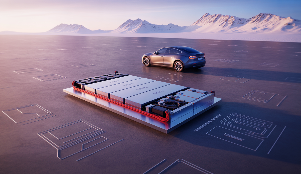 Illustration hyper-détaillée de la robustesse et sécurité des batteries Tesla Model 3