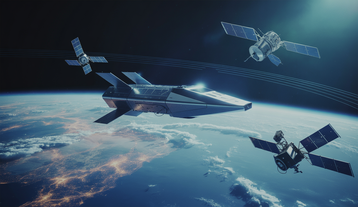 Image futuriste représentant SpaceX Starlink et l'exploration spatiale en 2025