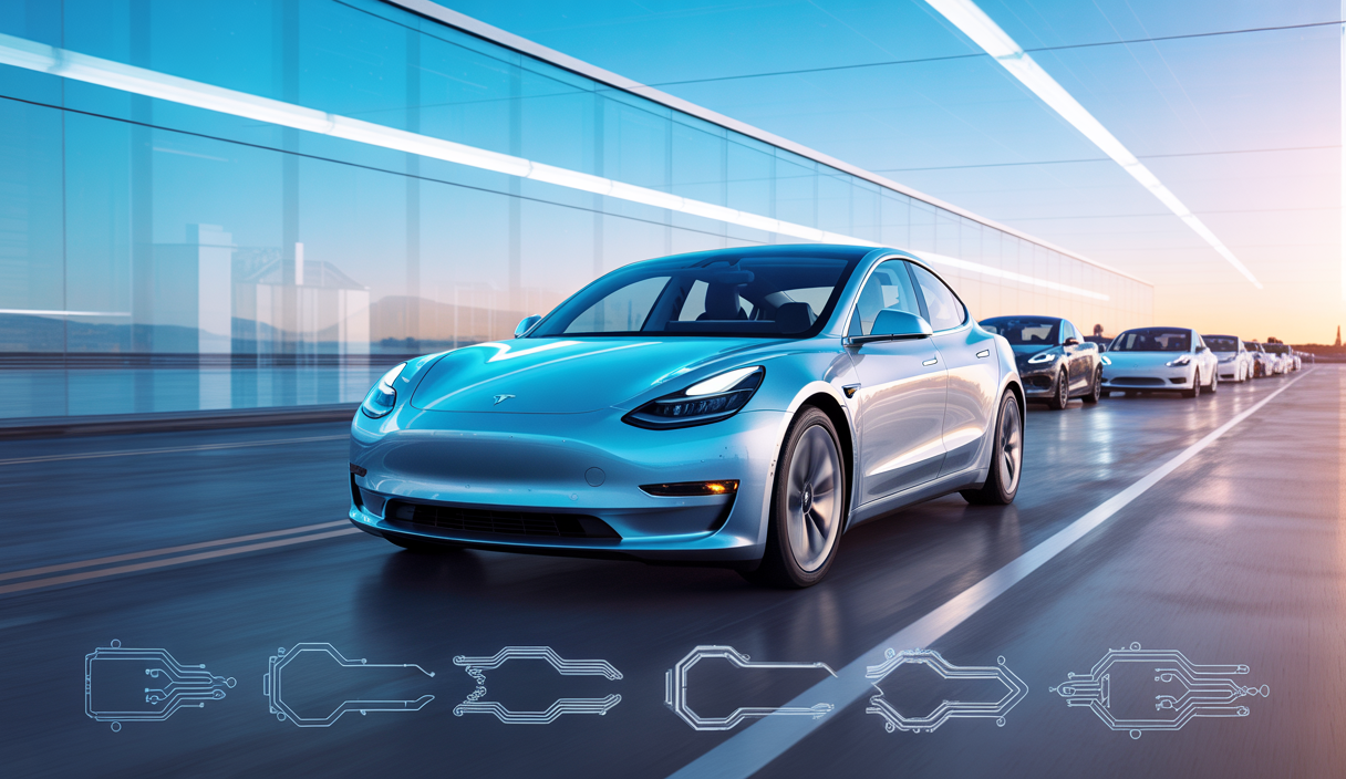 Image hyper-réaliste d'une Tesla Model 3 moderne dans un environnement urbain futuriste, célébrant la production de plus de 8 millions de véhicules électriques avec un style dynamique et lumineux.
