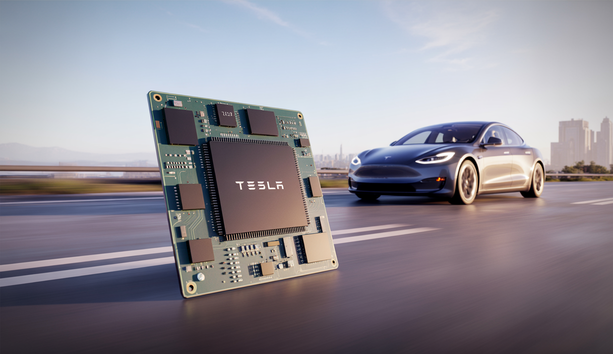 Ordinateur de conduite autonome Tesla AI5 avec puce ultra-puissante devant un véhicule Tesla moderne en route sur route urbaine