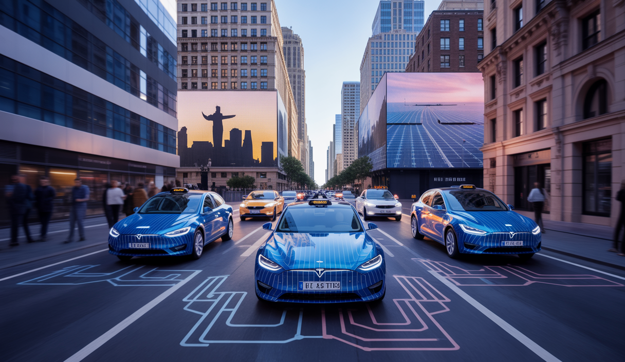 Tesla robot taxis preparing for launch in Austin cityscape