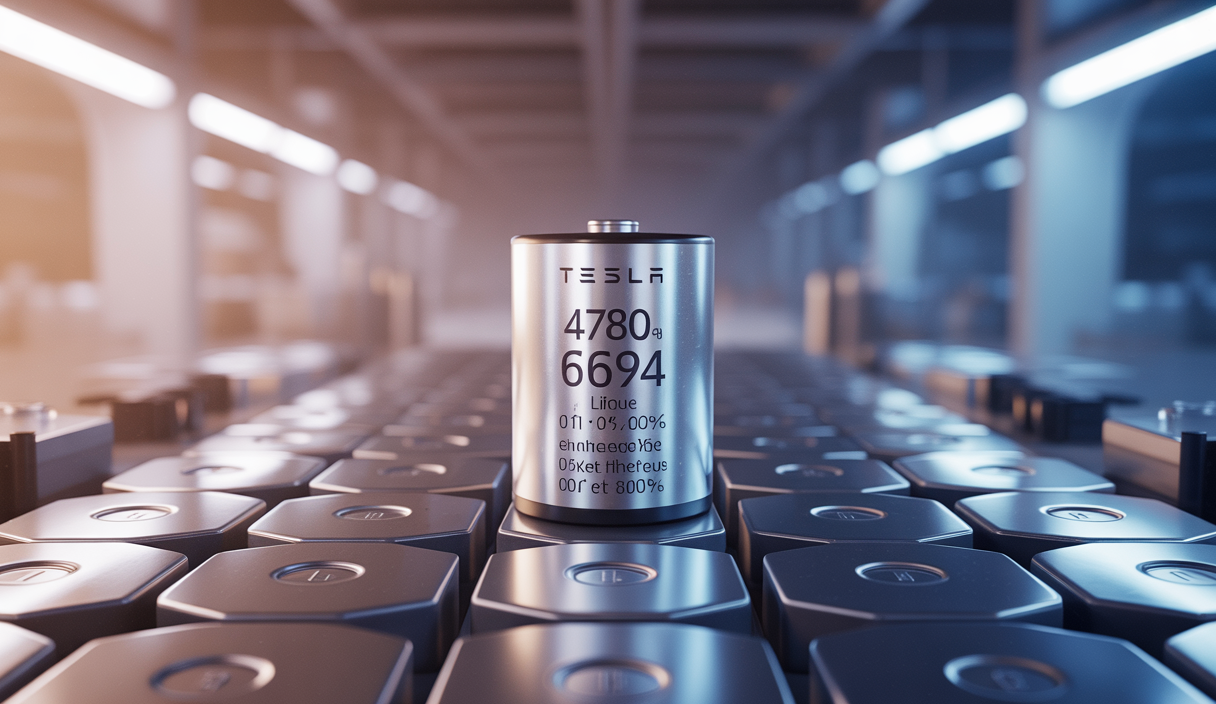 Vue détaillée d'une batterie lithium-fer-phosphate (LFP) innovante développée par Tesla avec intégration d’un alliage nickelaté, illustrant une cellule de batterie prête à démocratiser les véhicules électriques en 2025.