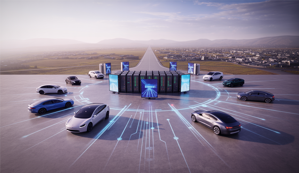 Vision futuriste de centres de données Tesla et véhicules autonomes
