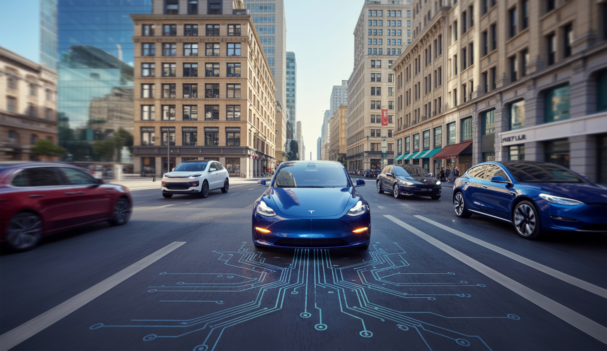 Représentation artistique de la technologie de conduite autonome de Tesla.
