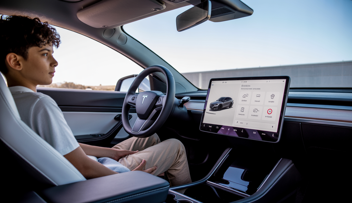 Vue intérieure d'une Tesla moderne mettant en avant l'interface tactile affichant les réglages avancés des contrôles parentaux avec des icônes de vitesse limitée, sécurité activée et notifications de conduite de nuit.