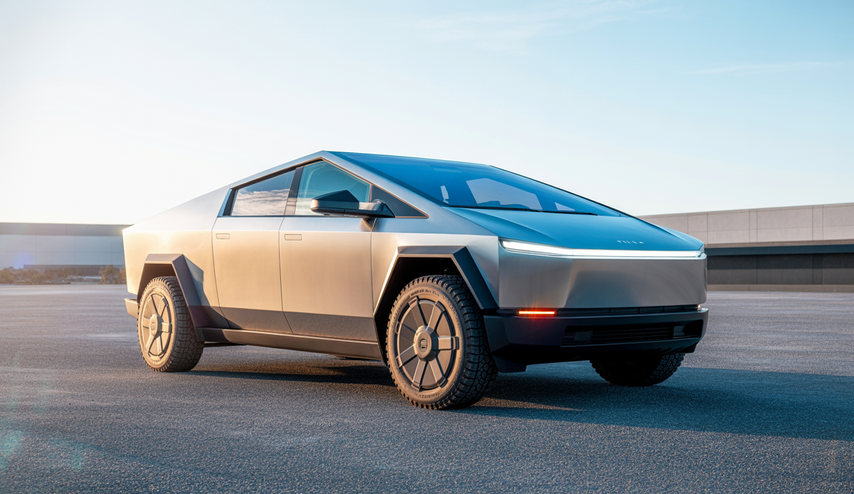 Tesla Cybertruck avec carrosserie en acier inoxydable ultra-résistant sous un ciel clair