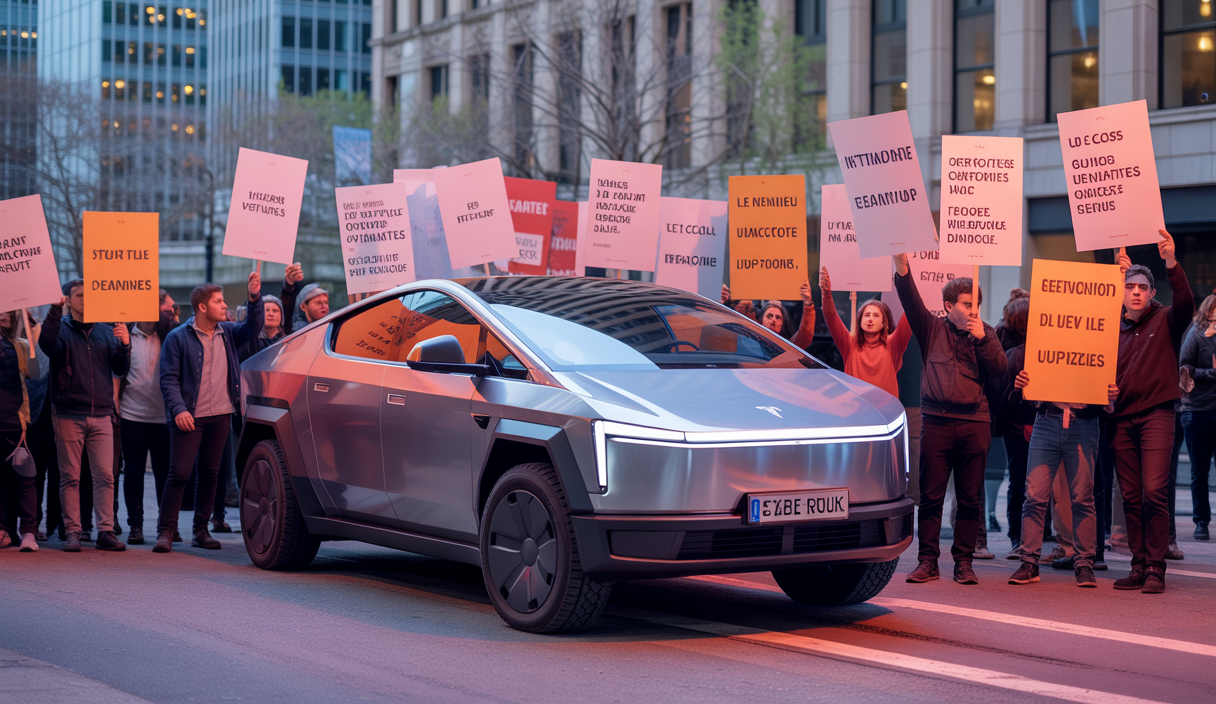 Une illustration saisissante du Tesla Cybertruck entourée de manifestations à Seattle sur fond de débats sur la sécurité et la vie privée
