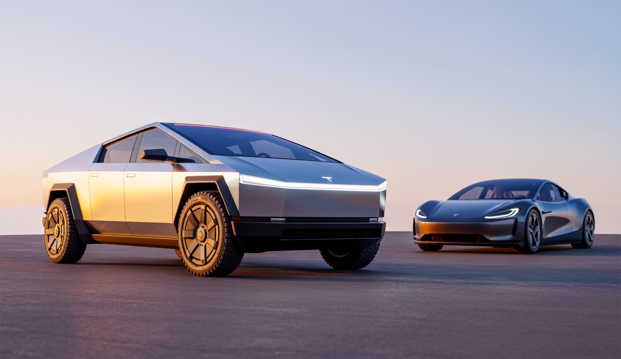 Tesla Cybertruck et Roadster 2025 côte à côte, illustrant un design futuriste et des innovations technologiques avancées