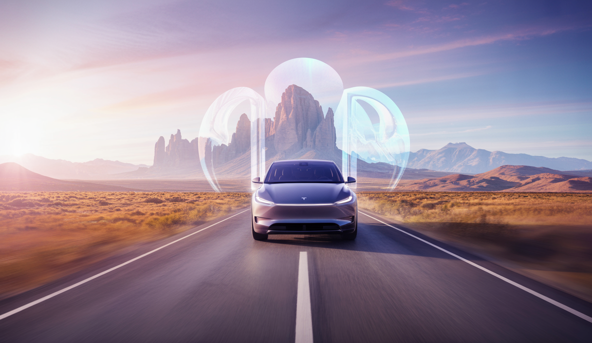 Image d'un Tesla Cybertruck traversant des paysages variés des États-Unis