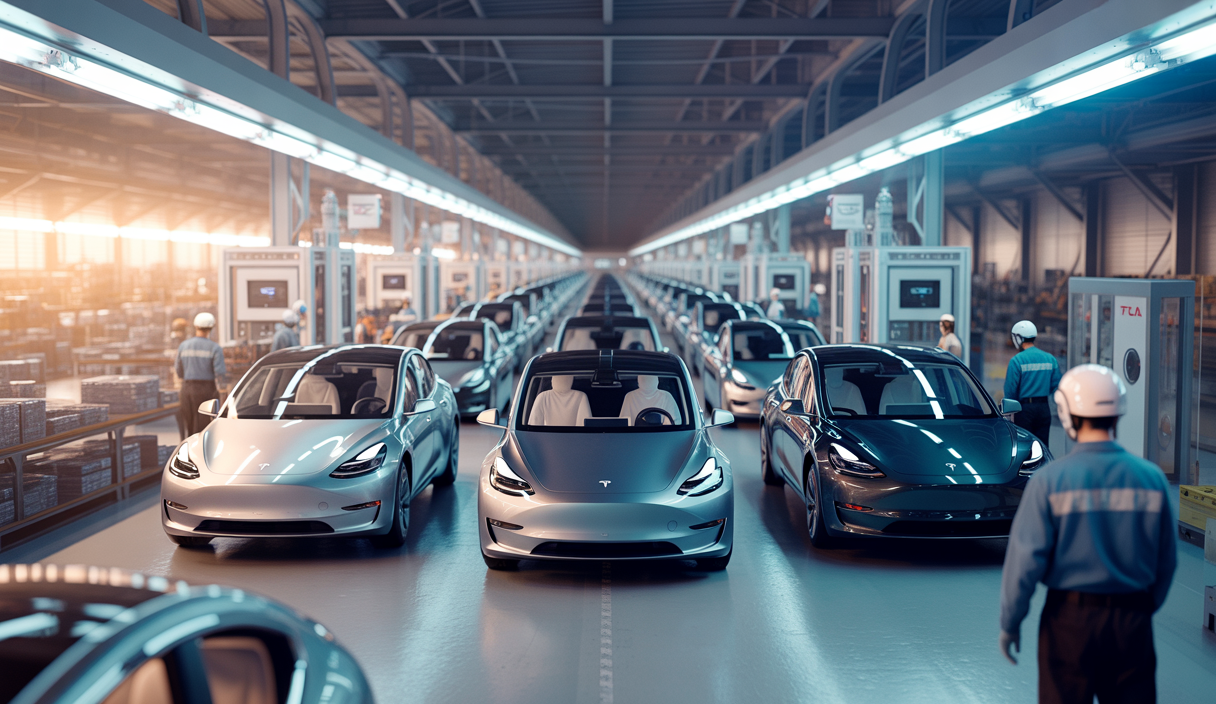 Usine moderne Tesla aux États-Unis avec chaîne de production de véhicules électriques en activité, montrant des voitures électriques en assemblage sous un éclairage industriel net et une ambiance de haute technologie