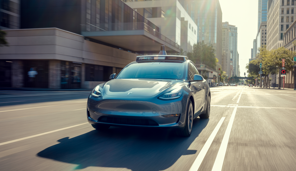 Tesla Model Y en conduite autonome Full Self-Driving 2025 dans une rue d'Austin, Texas, montrant la voiture en mouvement avec des capteurs et caméras visibles, ambiance technologique avancée et sécuritaire