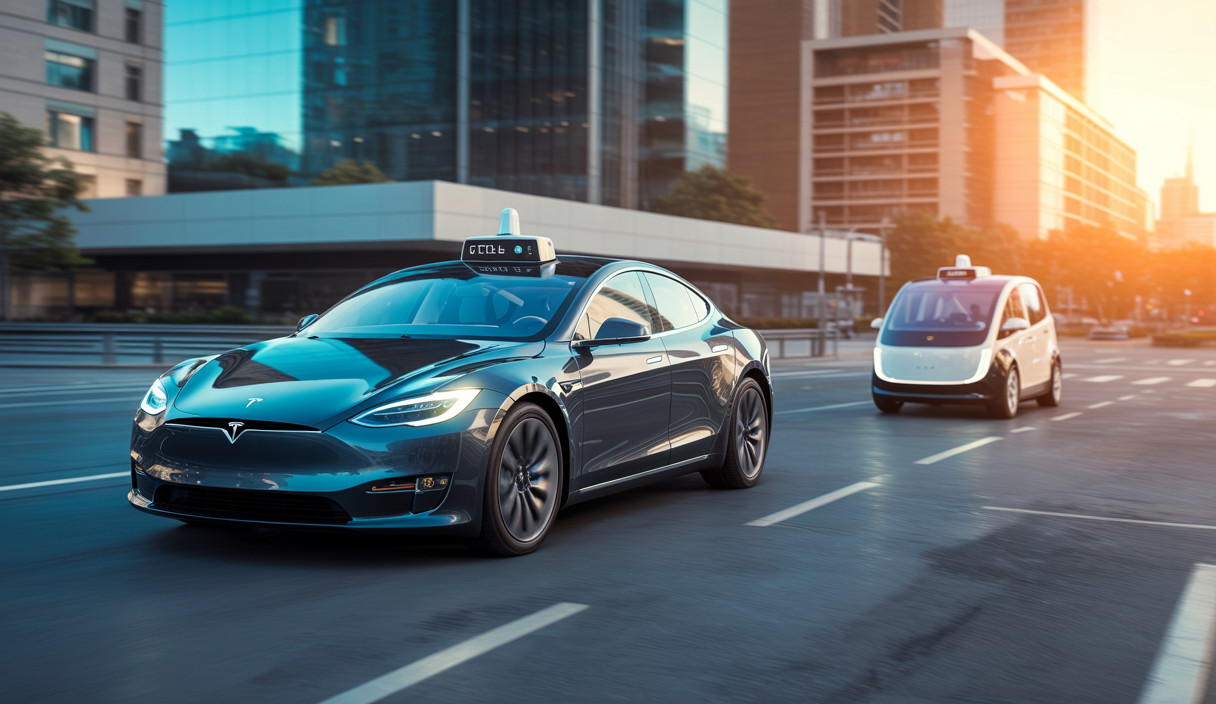 Vue hyper réaliste d'une Tesla Model S équipée du système Full Self-Driving 2025, en pleine ville futuriste au crépuscule, avec un robotaxi autonome en arrière-plan et une ambiance technologique avancée