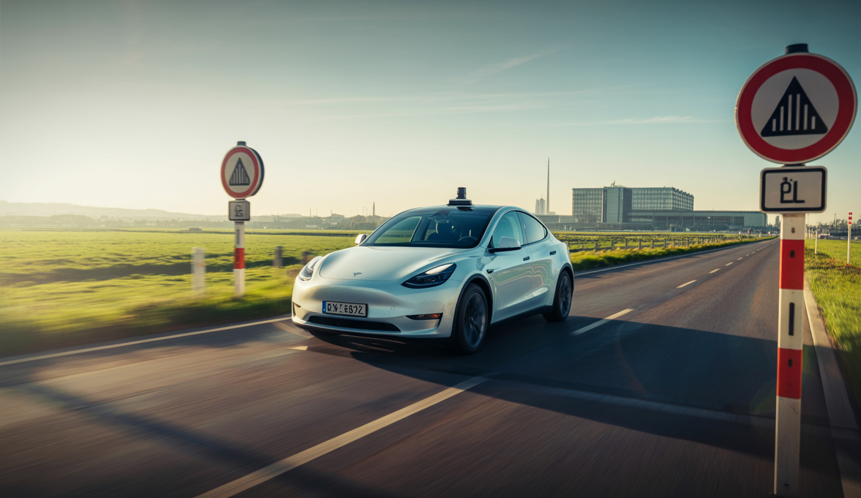 Voiture Tesla Model Y en conduite autonome sur une route européenne avec paysage urbain et campagne verte, démontrant la technologie Full Self-Driving approuvée, sous un ciel clair d'été