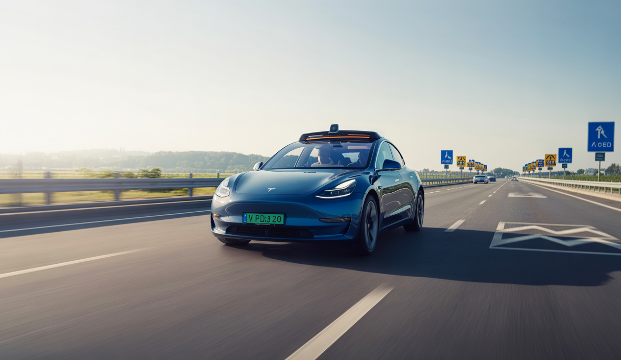 Tesla Model with Full Self-Driving technology driving autonomously on a European highway, showing advanced lane-changing and safety features under clear daylight with a modern European road landscape.